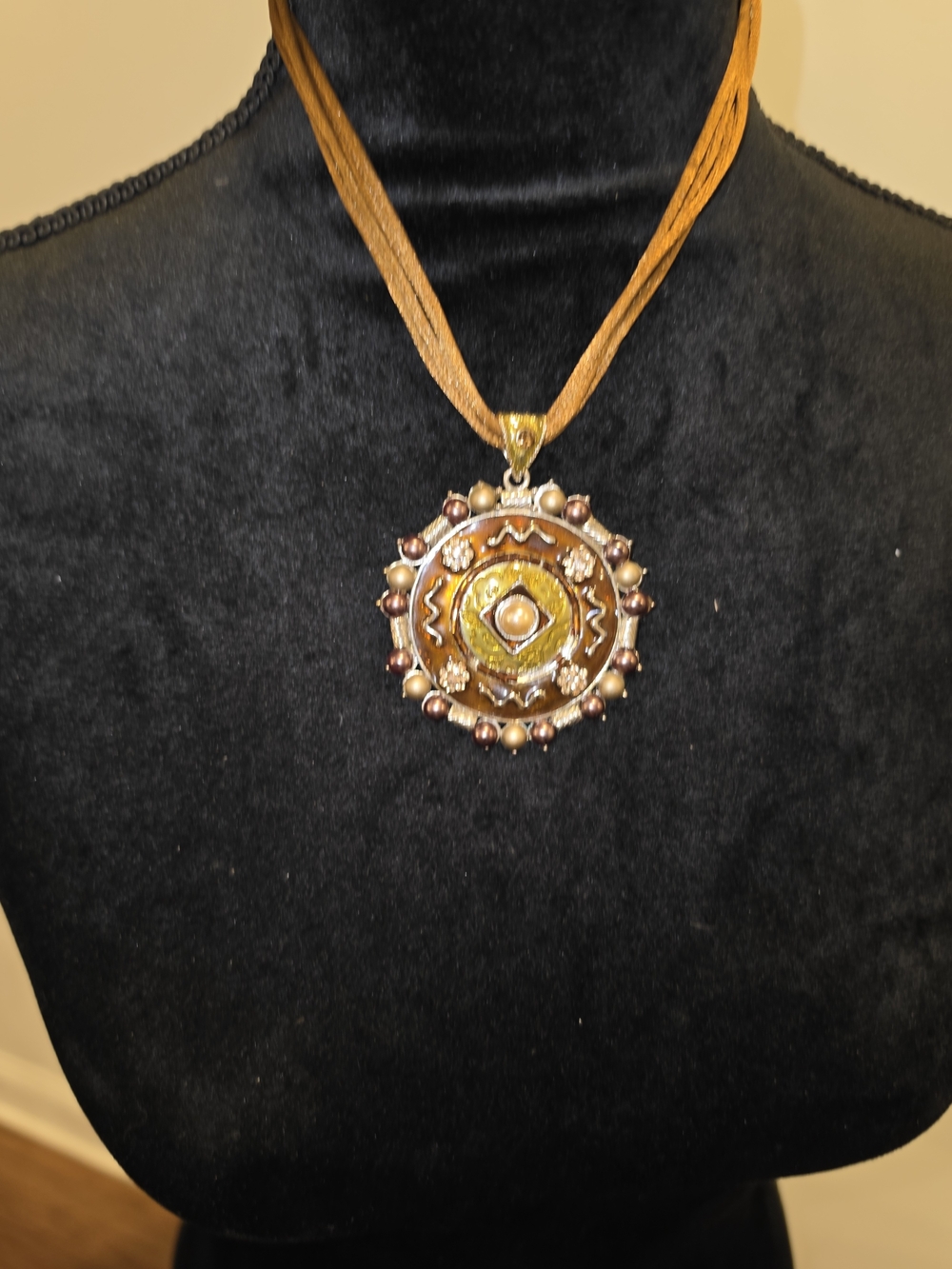 Handcrafted Gold-Tone Brown Medallion Pendant Necklace